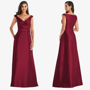 NWT ALFRED SUNG Burgundy Satin Twill Off Shoulder Draped V-Neck Ball Gown 10